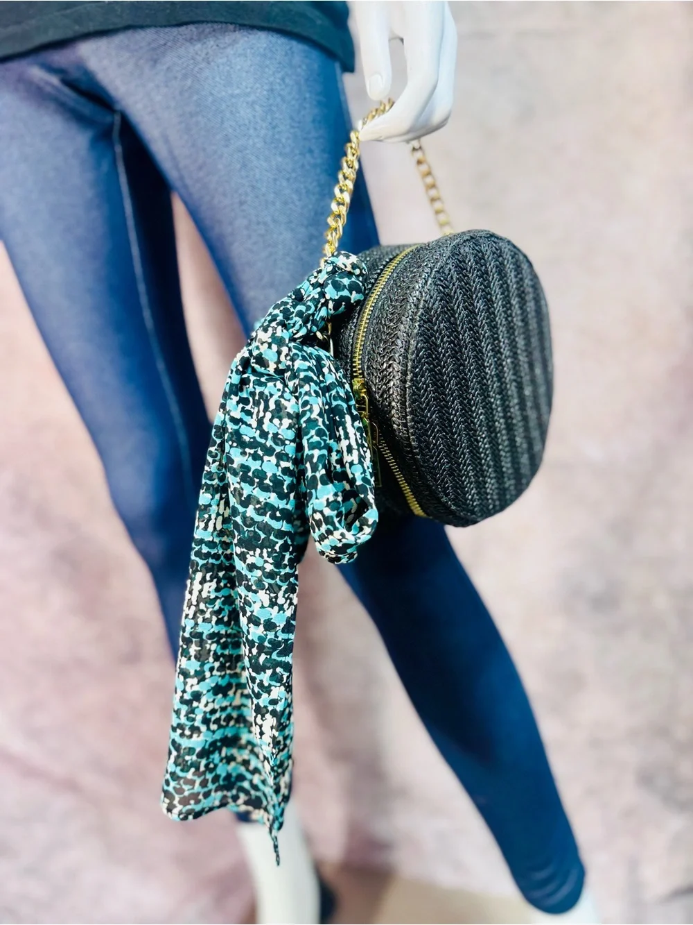 New! Lightweight Teal, Black & Ivory Patterned Sheer Scarf